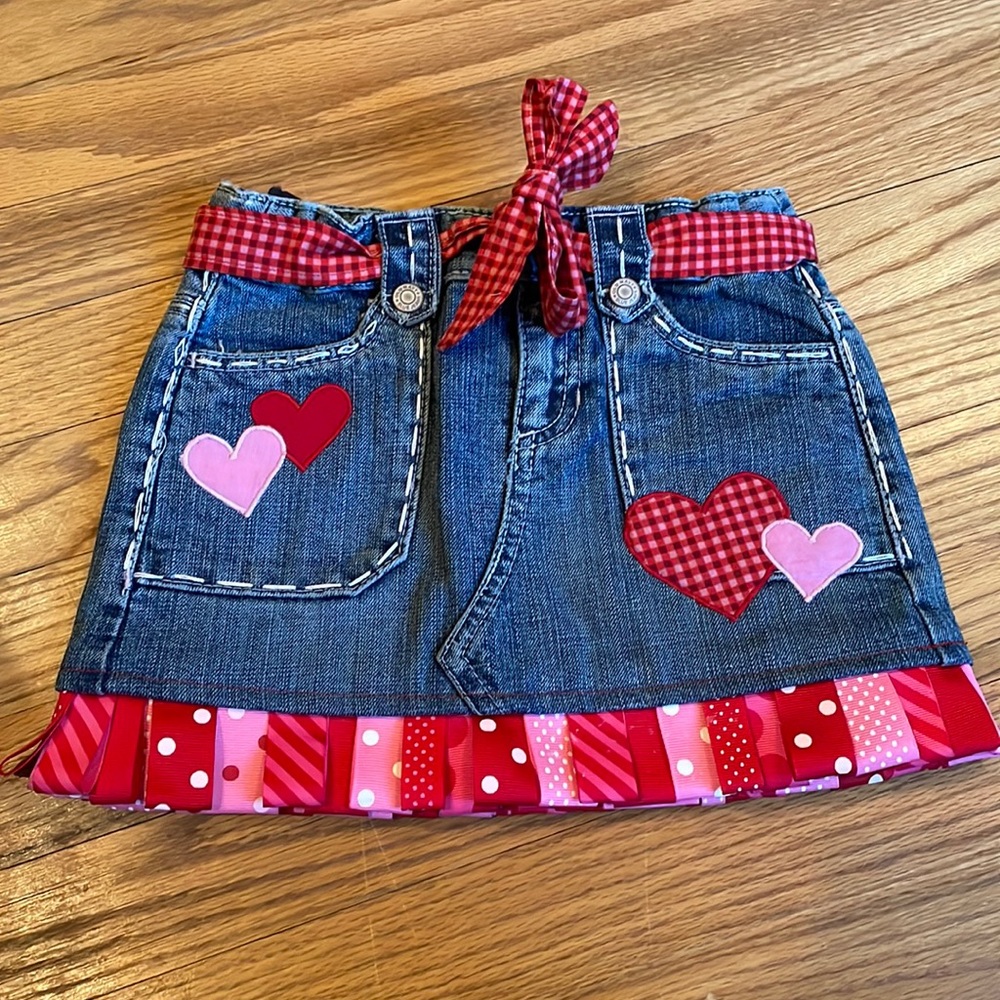 New Custom Heart skirt-denim-size 6- heart and ribbon fringe-Valentine’s Day!